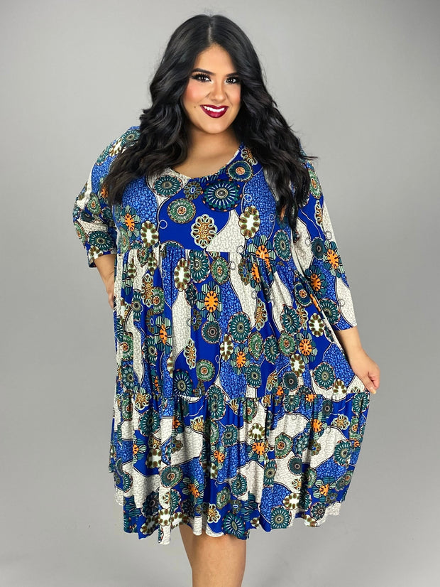 58 PQ {Mandala Perfection} Royal Blue Mandala Print Dress EXTENDED PLUS SIZE XL 2X 3X 4X 5X