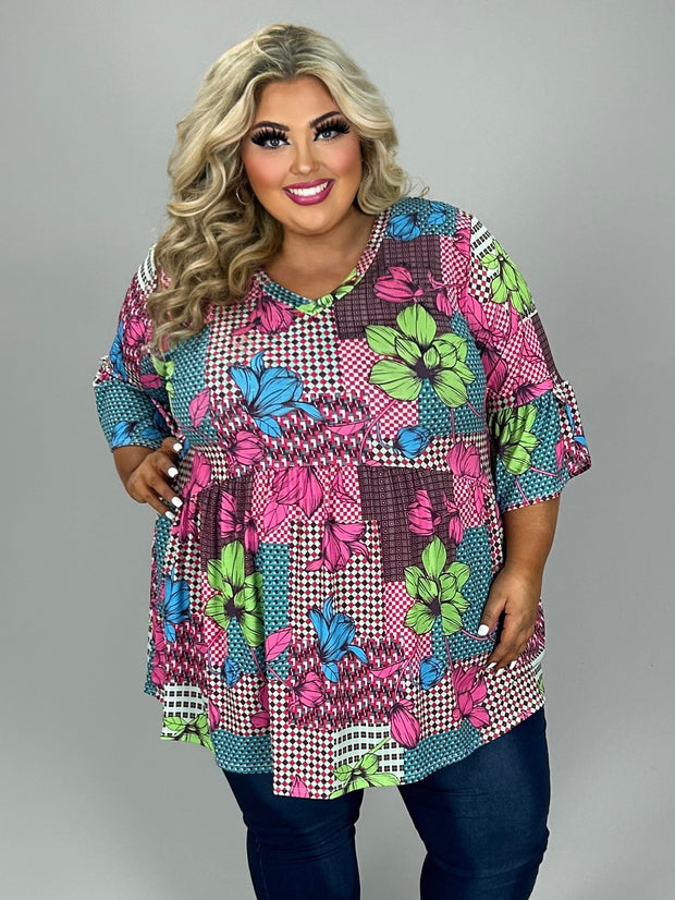 51 PSS {Floral Mindset} Pink Floral Print Babydoll Top EXTENDED PLUS SIZE 1X 2X 3X 4X 5X