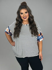 26 CP-O {Everyday Comfy} Navy Stripe Floral Top PLUS SIZE 1X 2X 3X