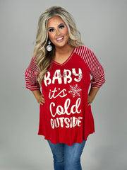27  GT {Baby It's Cold Outside} Red Graphic Tee w/Red Stripe PLUS SIZE XL 2X 3X 4X 5X 6X