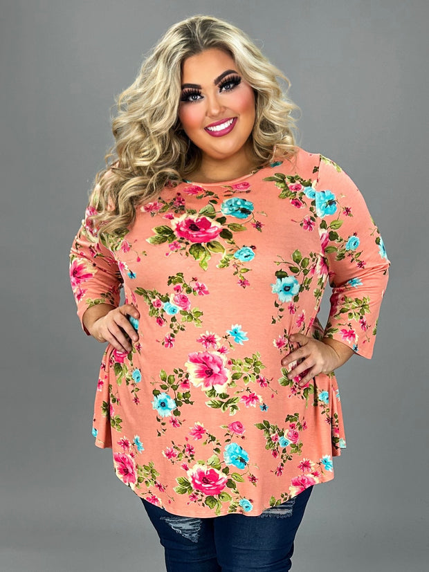 30 PQ {Coral Beauty} Coral Floral Rounded Hem Top EXTENDED PLUS SIZE 4X 5X 6X