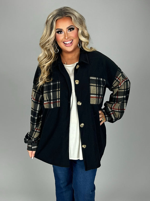 20 OT-T {Country Plaid} Black Button w/Plaid Sleeves  Shacket PLUS SIZE 1X 2X 3X