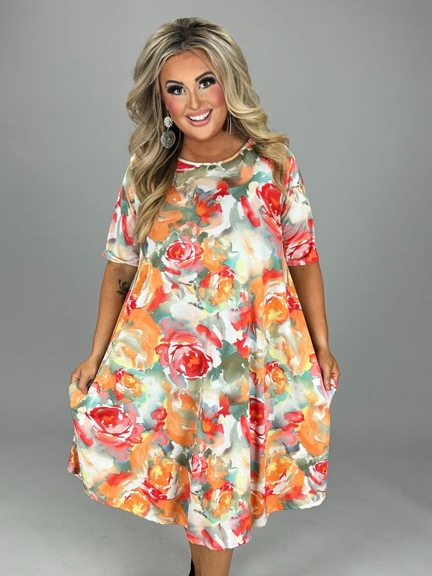 12 PSS {Honey Floral} Orange Floral Dress w/Pockets  PLUS SIZE XL 2X 3X