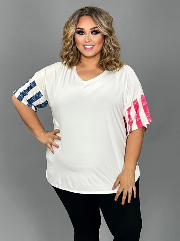 55 CP-A {In A Little Bit} Off White Striped Sleeve Top PLUS SIZE 1X 2X 3X