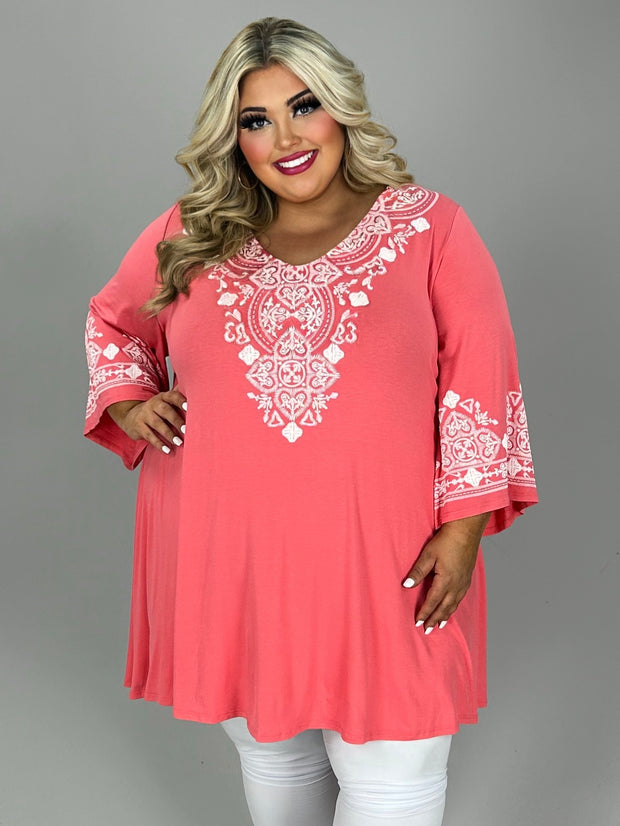 62 SD {Classy Beauty} Coral V-Neck Embossed Tunic CURVY BRAND!!!  EXTENDED PLUS SIZE XL 2X 3X 4X 5X 6X (May Size Down 1 Size)