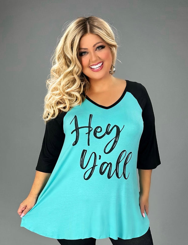 16 GT {Hey Y'all} Teal/Black Graphic Tee CURVY BRAND!!! EXTENDED PLUS SIZE XL 2X 3X 4X 5X 6X (May Size Down 1 Size)