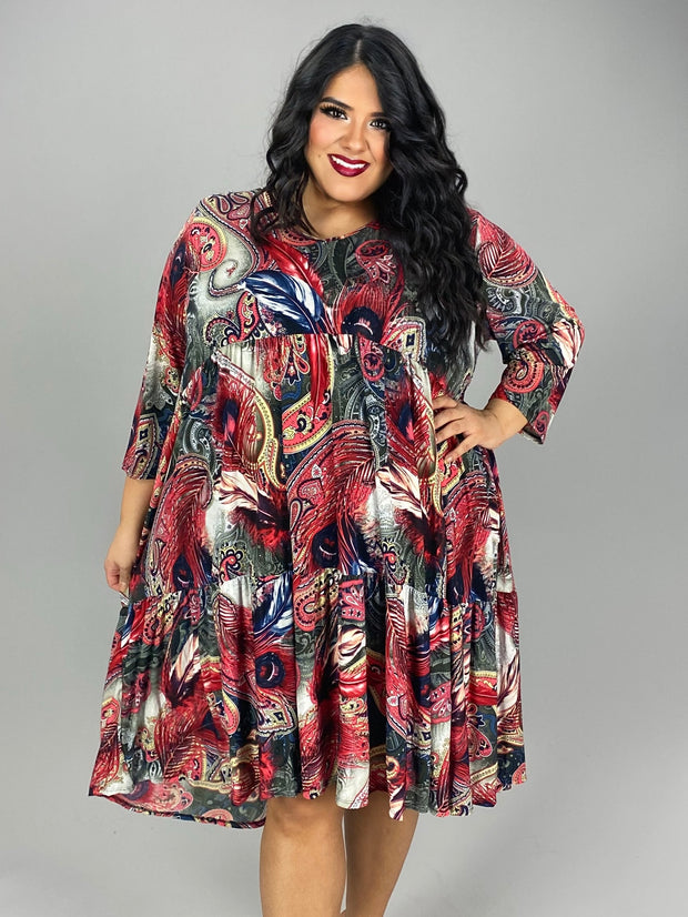 60 PQ {Happier Forever} Red Paisley Feather Tiered Dress PLUS SIZE XL 2X 3X