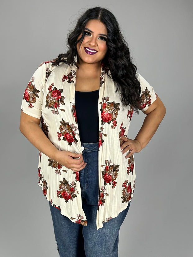 26 OT {Passion For Fashion} Ivory/Red Floral Print Cardigan PLUS SIZE 1X 2X 3X
