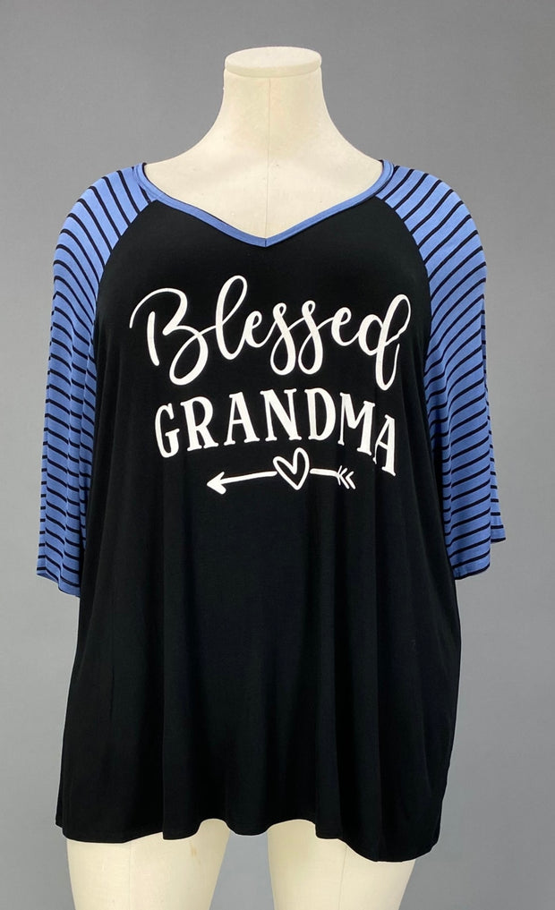 29 GT {Blessed Grandma} Black/Blue Stripe Graphic Tee CURVY BRAND!!!  EXTENDED PLUS SIZE XL 2X 3X 4X 5X 6X