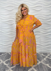 LD-M {Selfie Moment} Pink/Yellow Floral Smocked Skirt Set PLUS SIZE 1X 2X 3X
