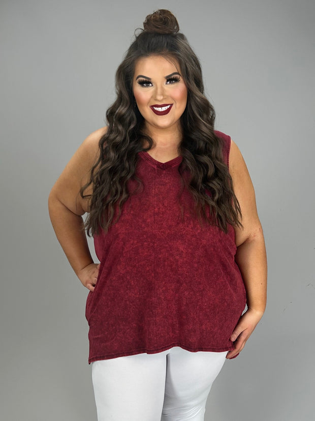 44 SV-D {Ease Along} Cabernet Mineral Wash Sleeveless Top PLUS SIZE 1X 2X 3X