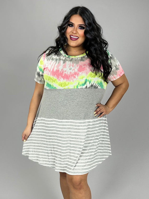 92 CP-D {Happier Now} H. Grey/Multi Tie Dye Stripe Dress PLUS SIZE XL 2X 3X