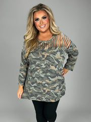 12 PQ-D {On A Mission} Green  Camo Top W/Neck Detail PLUS SIZE 1X 2X 3X