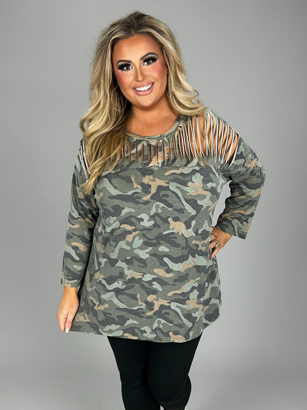 12 PQ-D {On A Mission} Green  Camo Top W/Neck Detail PLUS SIZE 1X 2X 3X