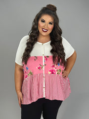 51 CP {Call On Me} Coral Floral Stripe Print V-Neck Top PLUS SIZE 1X 2X 3X