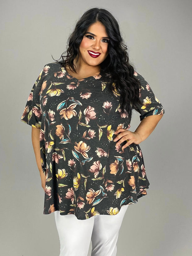 58 PSS {Southern Special} Charcoal Floral Waffle Knit Tunic EXTENDED PLUS SIZE 3X 4X 5X