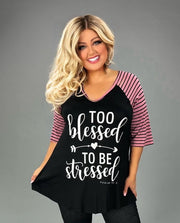 26 GT {Too Blessed} Black/Mauve Stripe Graphic Tee CURVY BRAND!!!  EXTENDED PLUS SIZE XL 2X 3X 4X 5X 6X