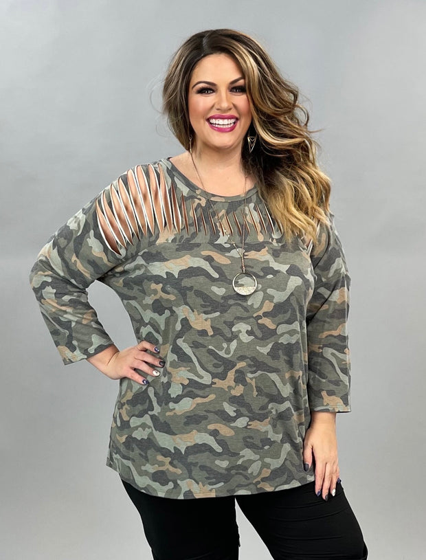 12 PQ-D {On A Mission} Green Camo Top W/Neck Detail PLUS SIZE 1X 2X 3X