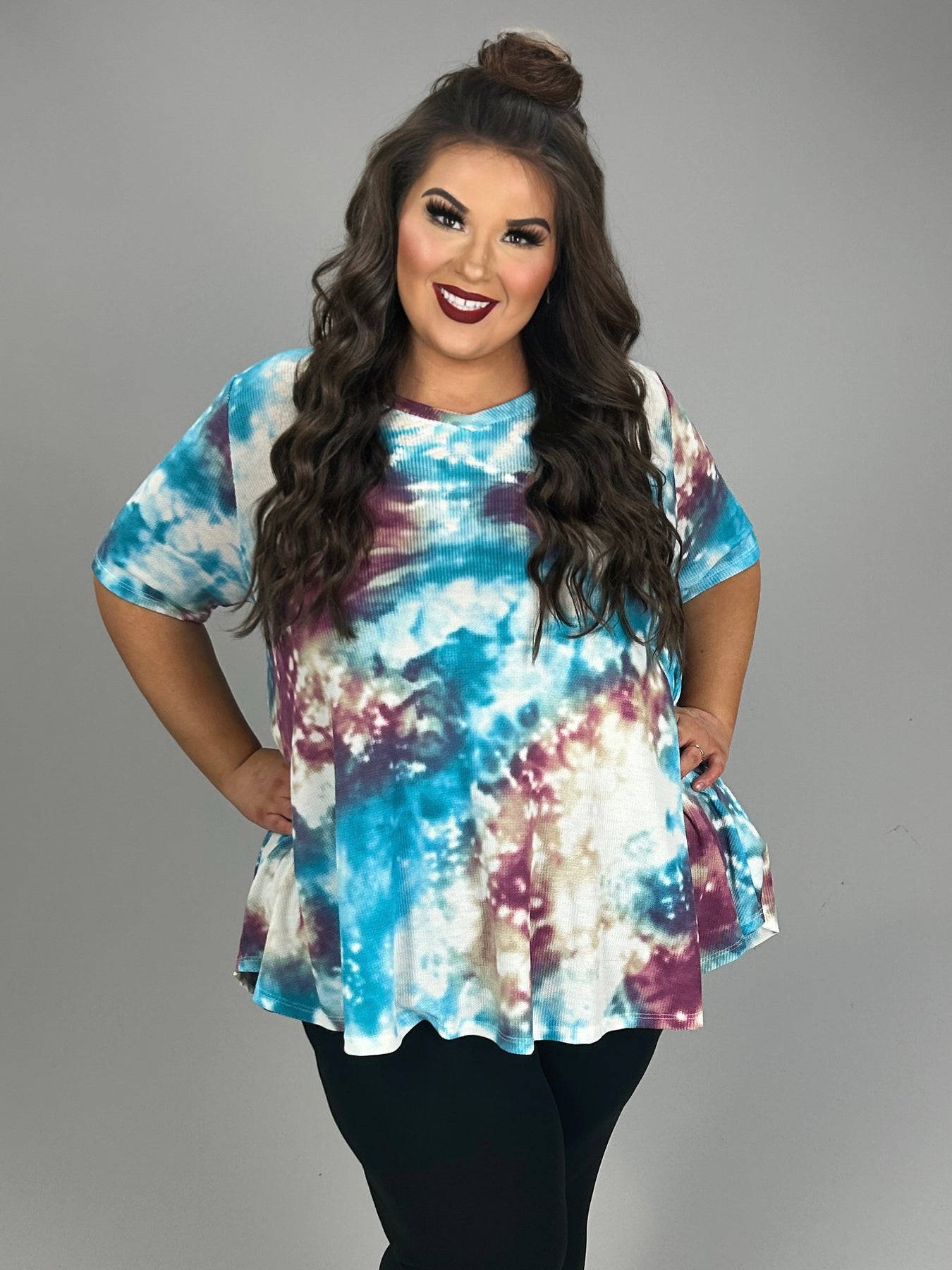 64 PSS-Z {Drifting Away} Turquoise Tie Dye Waffle Knit Top PLUS