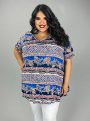 62 PSS {Best Case Scenario} Blue Floral Stripe Print Top EXTENDED PLUS SIZE 3X 4X 5X