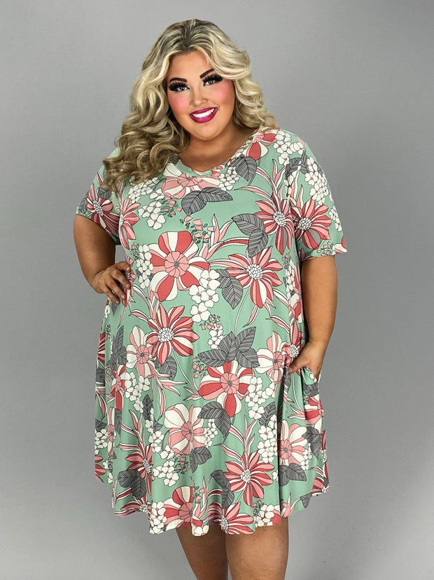 97 PSS-P {Sage Promises} Light Sage Floral V-Neck Dress EXTENDED PLUS SIZE 3X 4X 5X