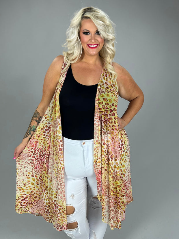 25 OT-L {Everyone Wants This} Yellow/Red Leopard Long Vest PLUS SIZE 3X