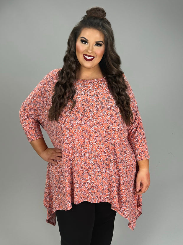 15 PQ {Blossom Bliss} Coral Floral Asymmetrial Hem Top PLUS SIZE 1X 2X 3X