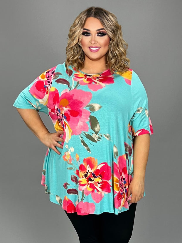 62 PSS {Bring The Love} Aqua Large Floral Print Tunic EXTENDED PLUS SIZE 4X 5X 6X