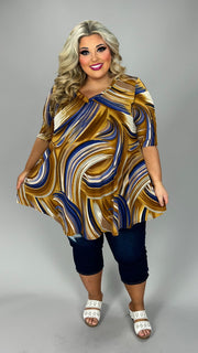 49 PSS {Spoil Yourself} Gold/Blue Swirl Print V-Neck Top EXTENDED PLUS SIZE 3X 4X 5X