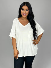 63 SSS-X {Easy Going} WHITE V-Neck Top Cuffed Sleeves PLUS SIZE XL 2X 3X