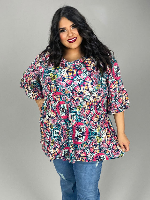 77 PQ-R {Dreams Of Color} Fuchsia Mint Printed Babydoll Top EXTENDED PLUS SIZE 3X 4X 5X