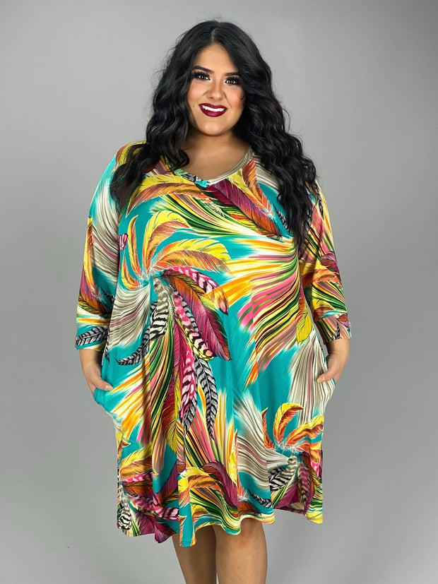 57 PQ-B {Feather On Time} Jade Feather Print Dress EXTENDED PLUS SIZE 3X 4X 5X