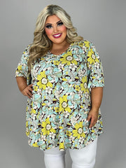 63 PSS {Go Getter Attitude} Mint/Lime Floral V-Neck Top EXTENDED PLUS SIZE 3X 4X 5X