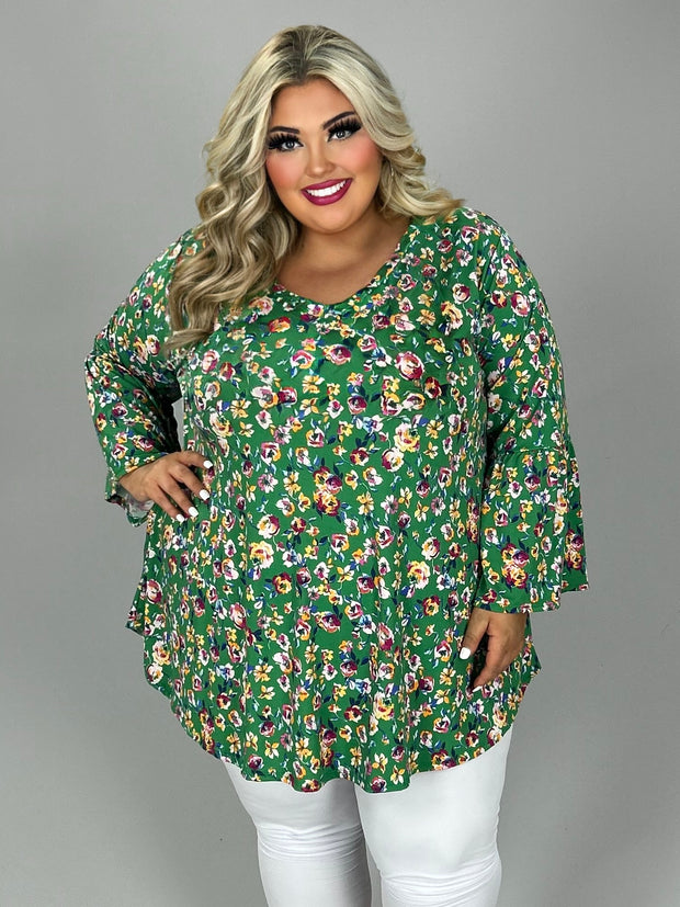 34 PQ-D {Charm And Fun} Green Floral V-Neck Top EXTENDED PLUS SIZE 3X 4X 5X