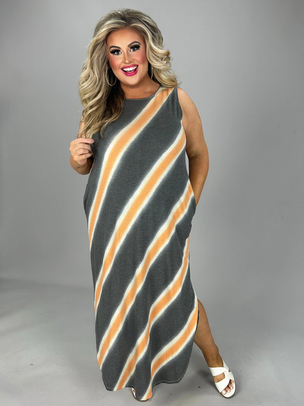LD-O {Big Adventure} Charcoal Stripe Print Maxi Dress PLUS SIZE 1X 2X 3X