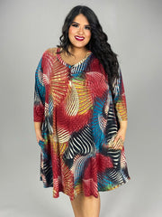 61 PQ-B {Fine By Me} Red Print V-Neck Dress EXTENDED PLUS SIZE 3X 4X 5X