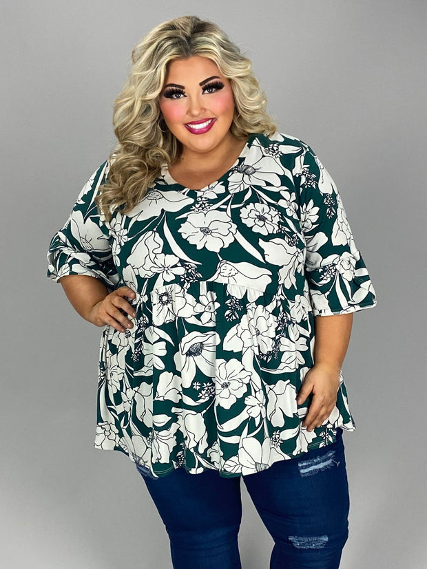 52 PSS {Island Lover} Green/White Floral Babydoll Top EXTENDED PLUS SIZE XL 2X 3X 4X 5X