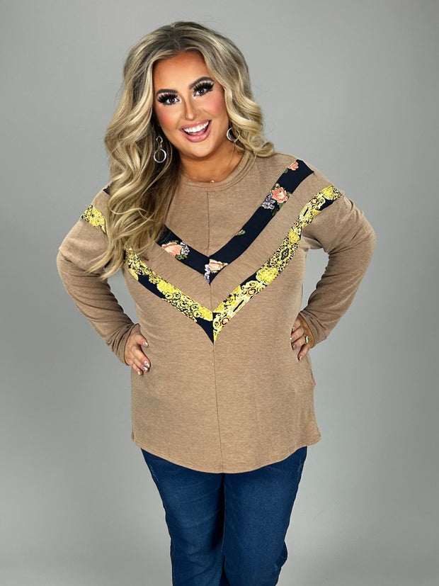 15 CP {Double The Fun} Mocha Top w/Floral V Accent PLUS SIZE 1X 2X 3X