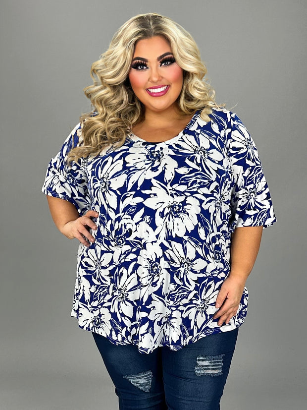 84 PSS {Draped In Floral} Royal Blue Floral Print Top EXTENDED PLUS SIZE 3X 4X 5X 6X