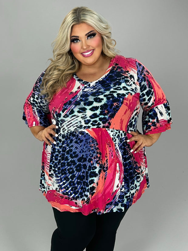 37 PQ-F {Perfectly Polished} Blue/Fuchsia Print Babydoll Top EXTENDED PLUS SIZE 3X 4X 5X