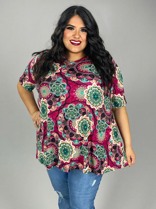60 PSS {On My Side} Magenta Mandala Print V-Neck Top EXTENDED PLUS SIZE 3X 4X 5X