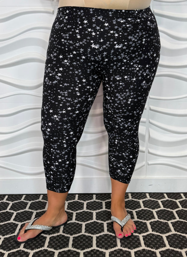 LEG-1 {Sky Life) Black Star Butter Soft Capri Leggings Plus Size