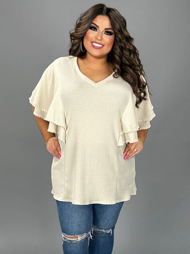 77 SD {No Issues Here} Beige Textured Flutter Sleeve Top PLUS SIZE XL 2X 3X