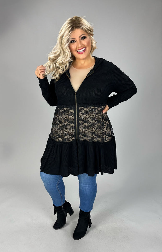 51 OT {Be That Girl} VOCAL Black Waffle Knit Hoodie w/ Lace Detail  PLUS SIZE XL 2X 3X