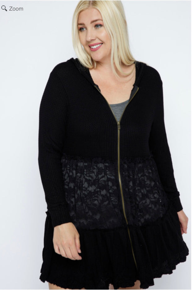 51 OT {Be That Girl} VOCAL Black Waffle Knit Hoodie w/ Lace Detail  PLUS SIZE XL 2X 3X