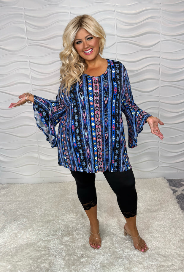 100 PQ {Tribal Notes} Royal Blue Tribal Print Top EXTENDED PLUS SIZE 2X 3X 4X  TRUE TO SIZE!!