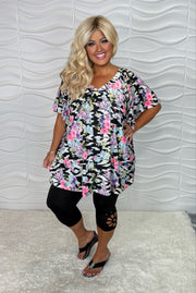 100 PSS {Veranda Views} Black Pink Floral Flutter Sleeve Top EXTENDED PLUS SIZE 2X 3X 4X TRUE TO SIZE!!