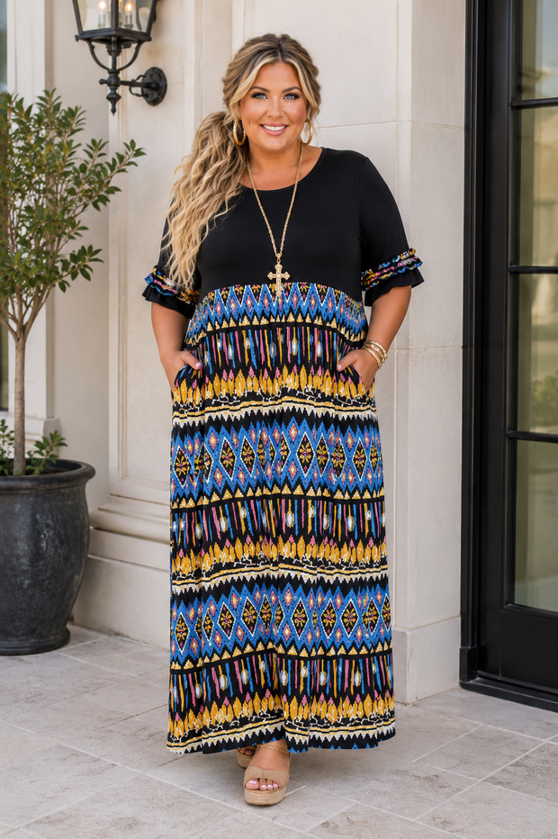 LD {Tribal Fusion} Black Tribal Print Contrast Maxi Dress EXTENDED PLUS SIZE 3X 4X 5X 4X