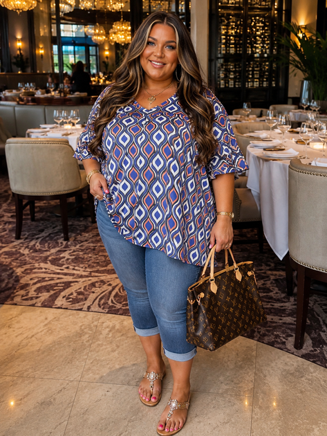 100 PSS {Magically Retro} Blue Print V-Neck Top EXTENDED PLUS SIZE 4X ...