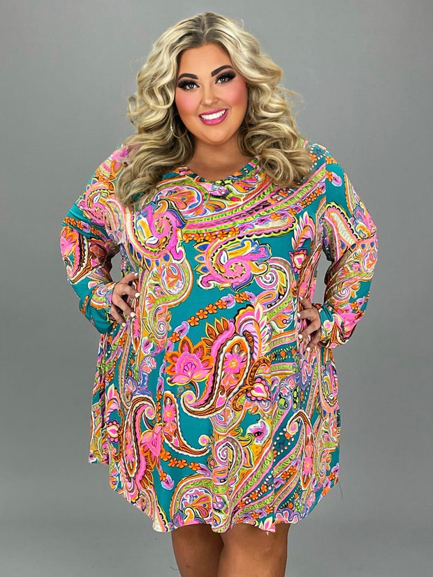 23 PLS {On A Whim} Pink/Teal Paisley Print V-Neck Dress EXTENDED PLUS SIZE 4X 5X 6X